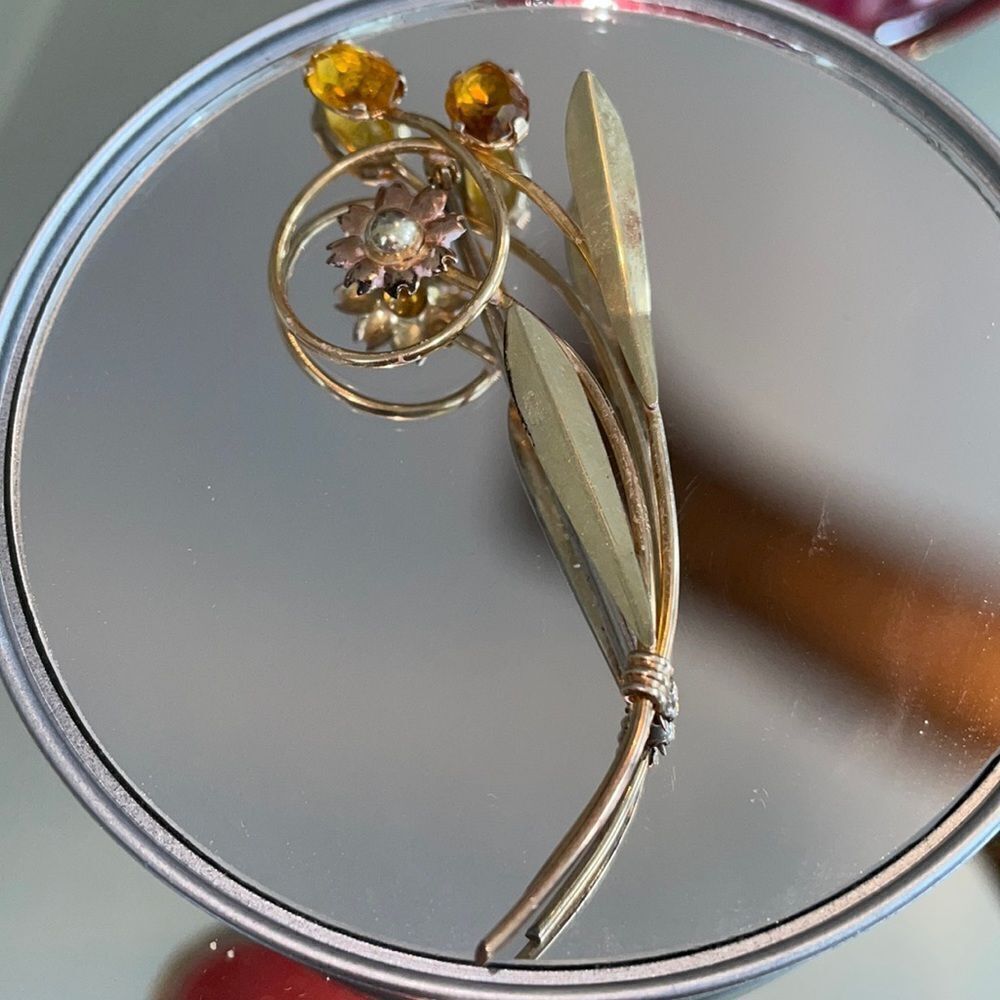 Vtg PR ST CO 12 K gold on sterling flower brooch lapel pin with amber stones